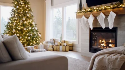 Cozy Living Room Decorated For Christmas Holidays