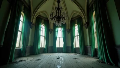 Abandoned Gothic Room With Green Curtains And Chandelier