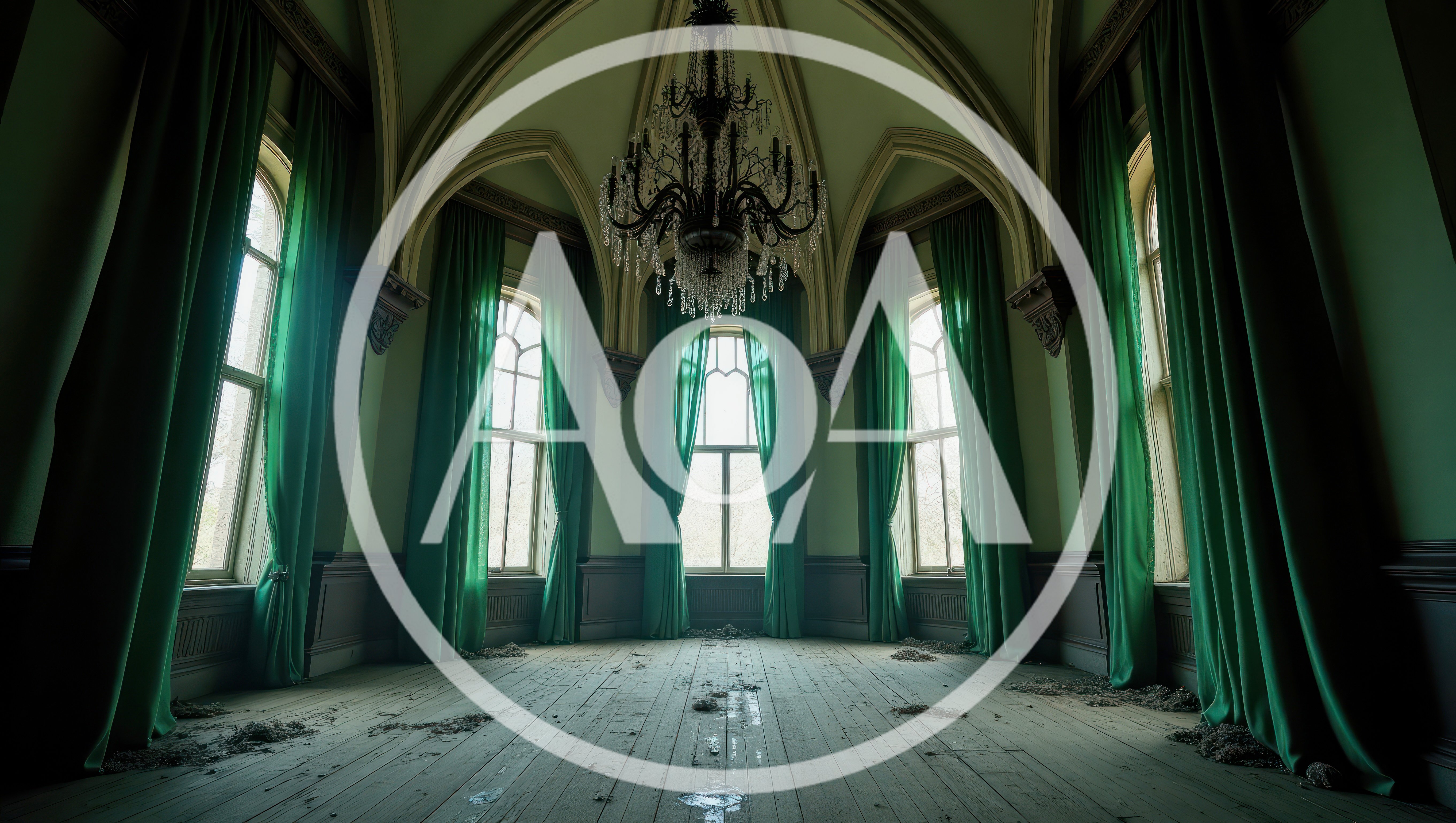 Abandoned Gothic Room With Green Curtains And Chandelier