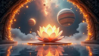 Glowing Lotus Flower Floating In Cosmic Temple Archway