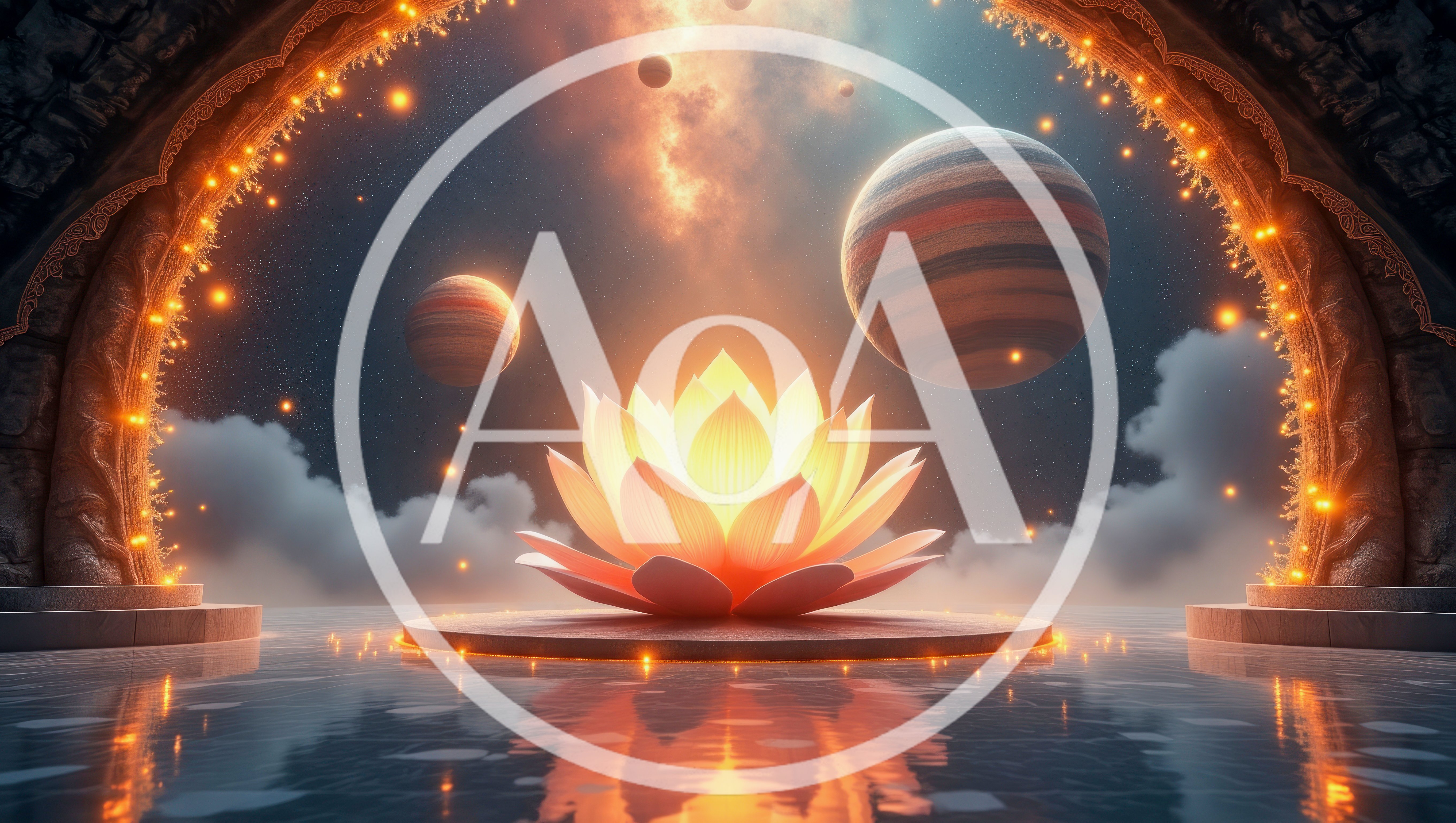 Glowing Lotus Flower Floating In Cosmic Temple Archway
