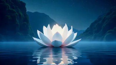Glowing White Lotus Flower Floating On Calm Night Water