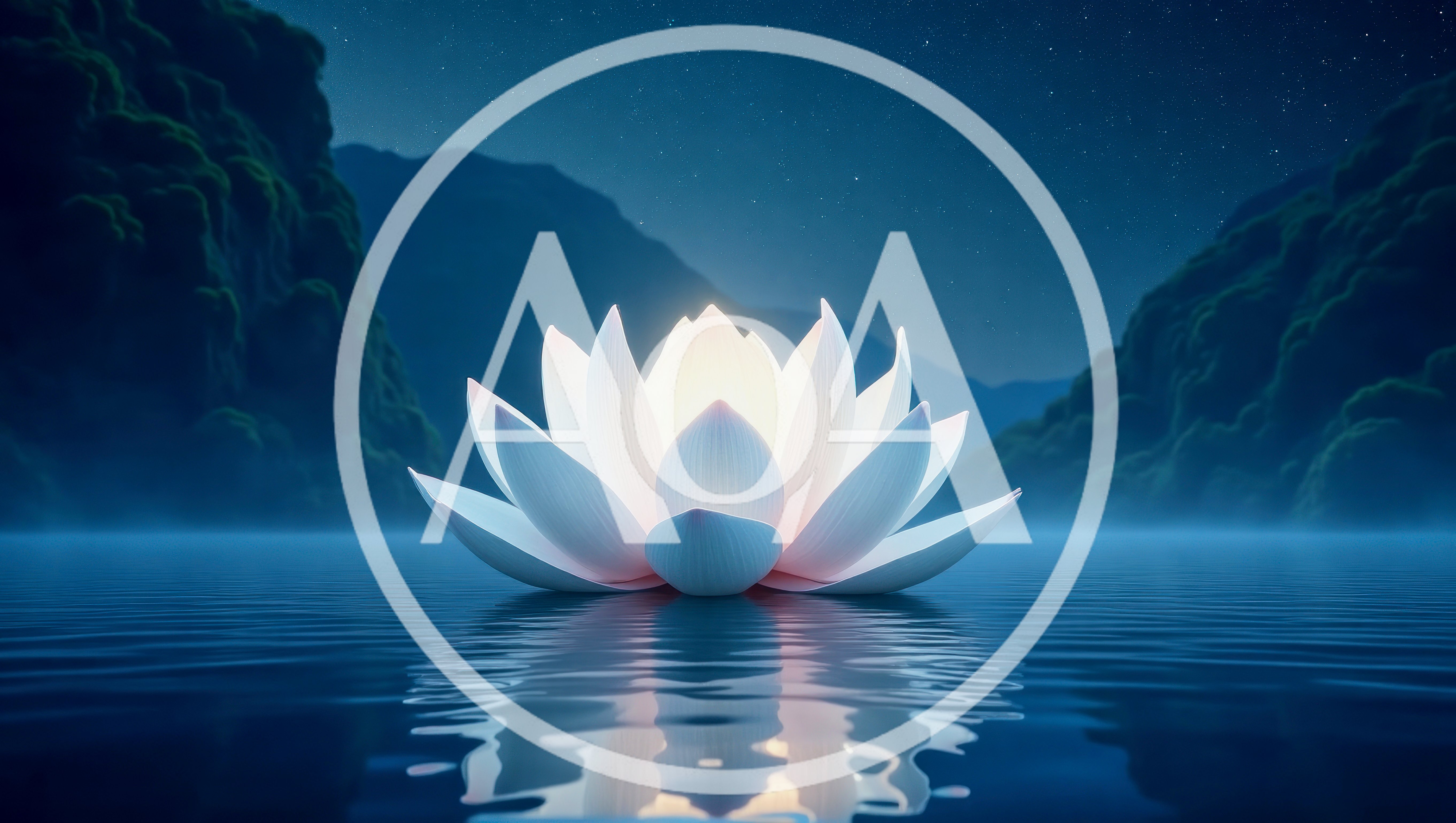 Glowing White Lotus Flower Floating On Calm Night Water