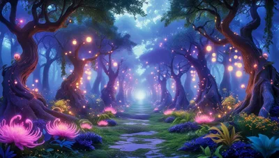 Enchanted Forest Path With Glowing Lights And Flowers