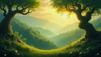 Lush Green Valley Between Two Ancient Trees