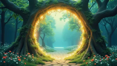 Magical Glowing Portal Inside An Ancient Forest Tree