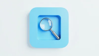 3D Rendered Magnifying Glass Icon On Blue Square