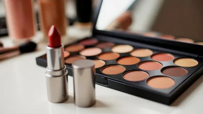 Makeup Palette and Red Lipstick on White Surface