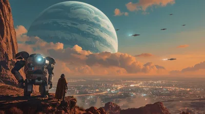 Futuristic Mech And Traveler Overlooking Alien Cityscape