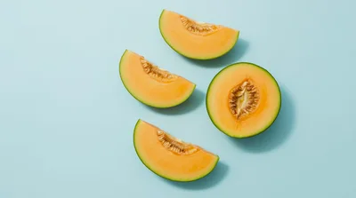 Fresh Cantaloupe Melon Slices On Light Blue Background