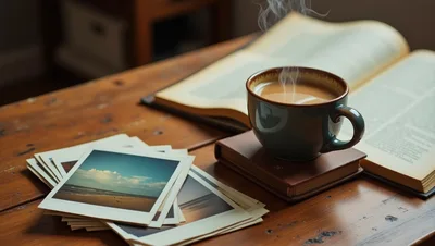 Steaming Coffee Cup Beside Open Book And Vintage Photographs