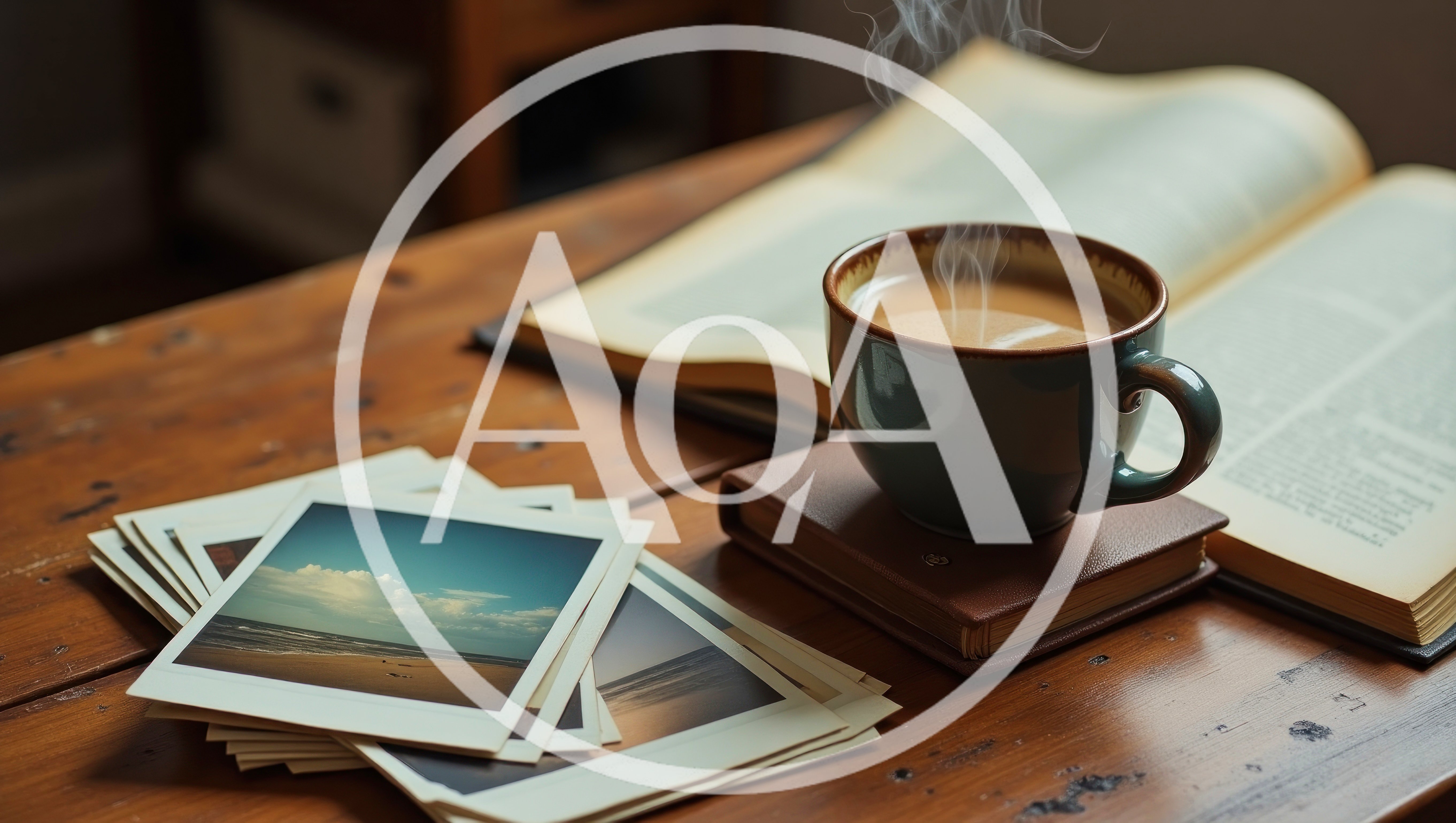 Steaming Coffee Cup Beside Open Book And Vintage Photographs