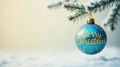 Blue Christmas Ornament Hanging From Snowy Pine Branch