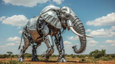 Mechanical Robotic Elephant Walking Through African Savanna