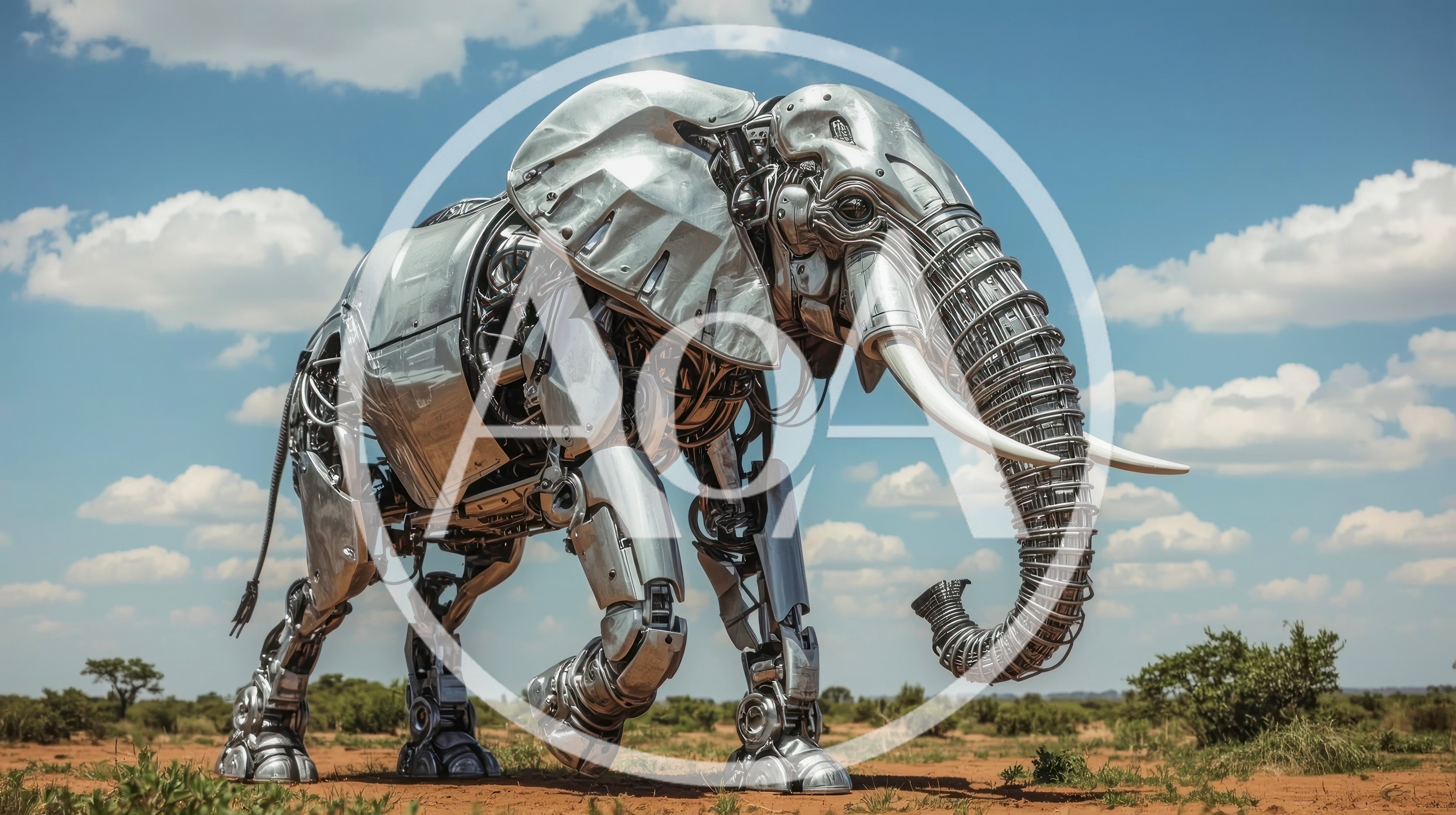 Mechanical Robotic Elephant Walking Through African Savanna
