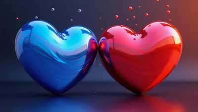 Two Glossy Metallic Hearts Touching In Abstract Space