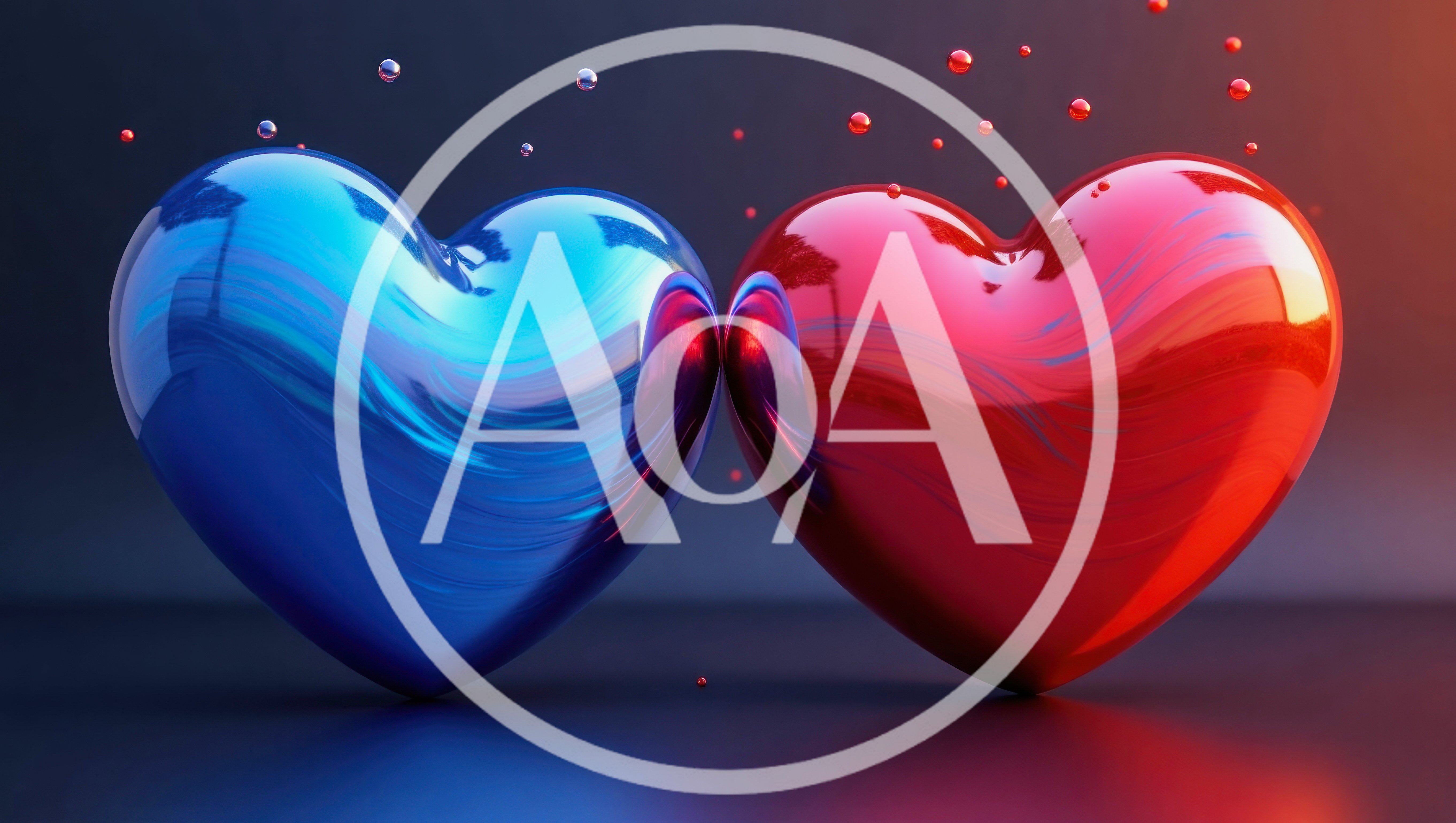 Two Glossy Metallic Hearts Touching In Abstract Space