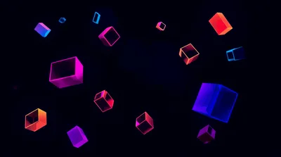 Floating Neon Geometric Cubes In Dark Space