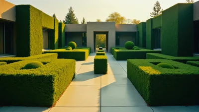 Modern Courtyard With Geometric Hedge Garden