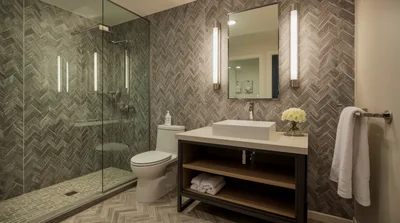 Modern Bathroom Interior With Herringbone Tile Walls