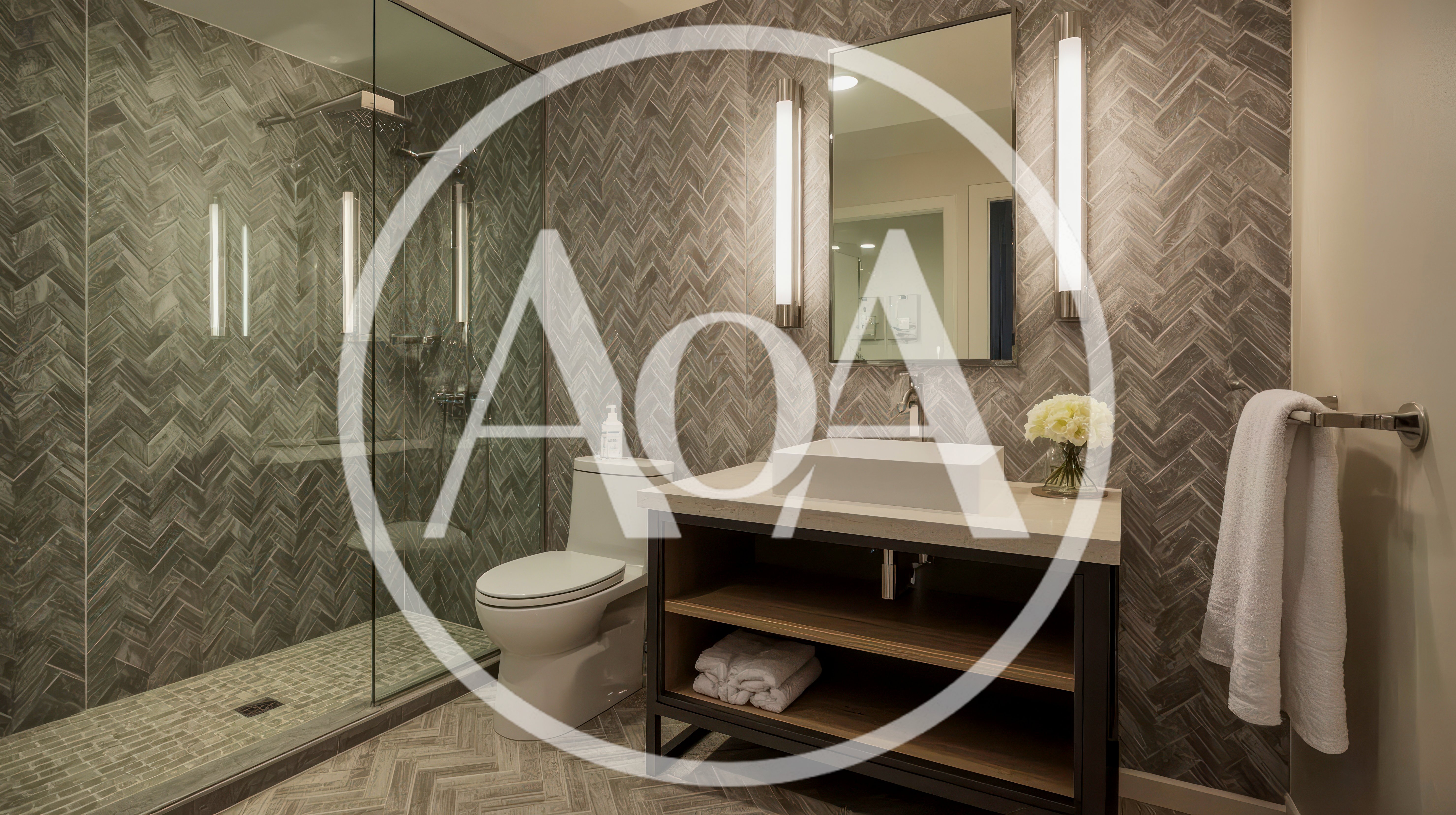 Modern Bathroom Interior With Herringbone Tile Walls