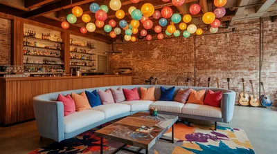 Modern Lounge Interior With Colorful Hanging Lanterns