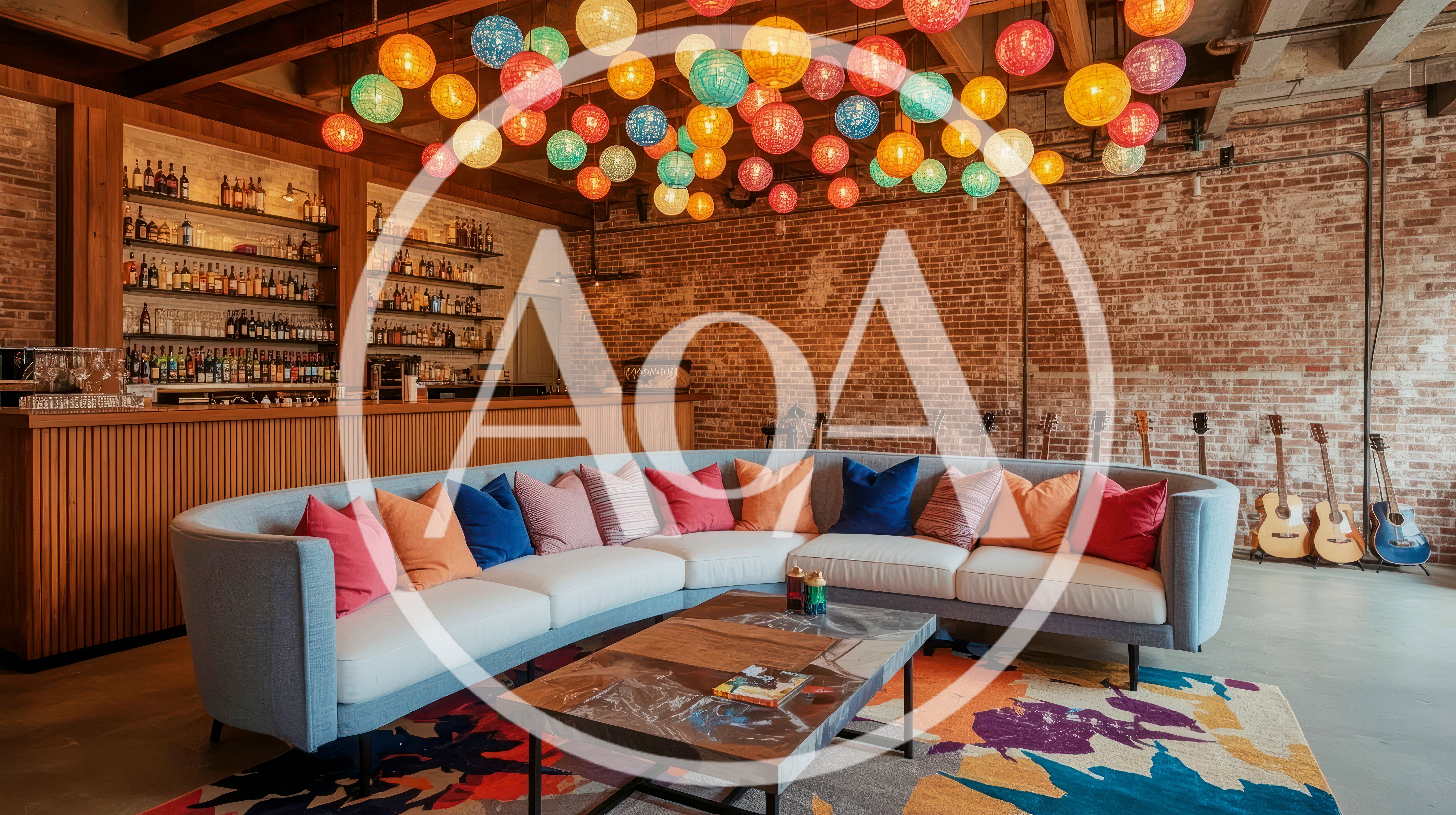 Modern Lounge Interior With Colorful Hanging Lanterns