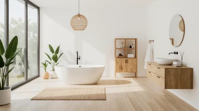 Modern Minimalist Bathroom Interior With Freestanding Bathtub