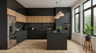 Modern Minimalist Kitchen Interior With Black Cabinets