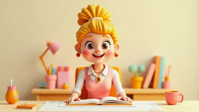 3D Cartoon Girl Studying At Her Desk