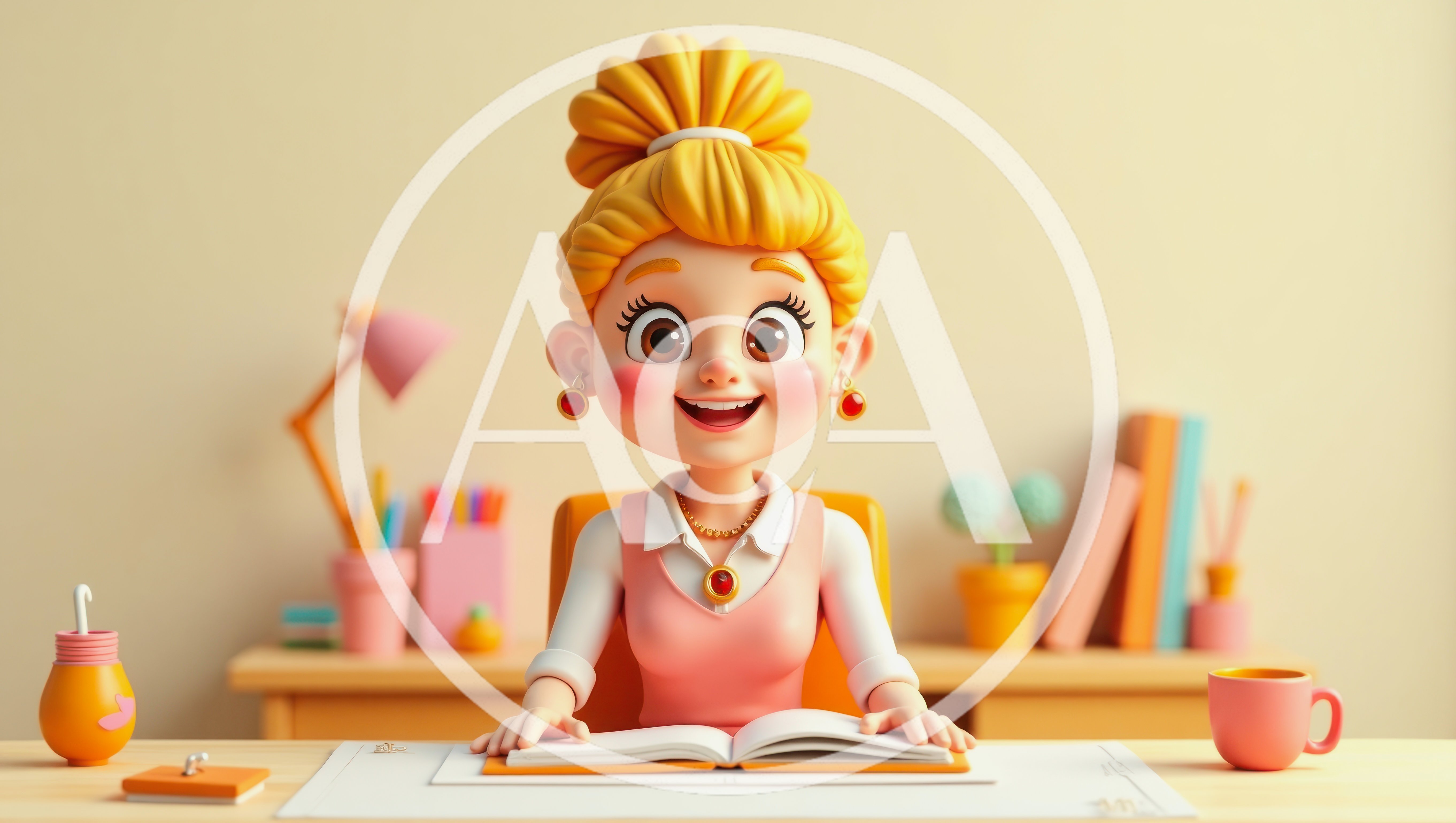 3D Cartoon Girl Studying At Her Desk