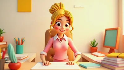 3D Cartoon Businesswoman Working At Office Desk
