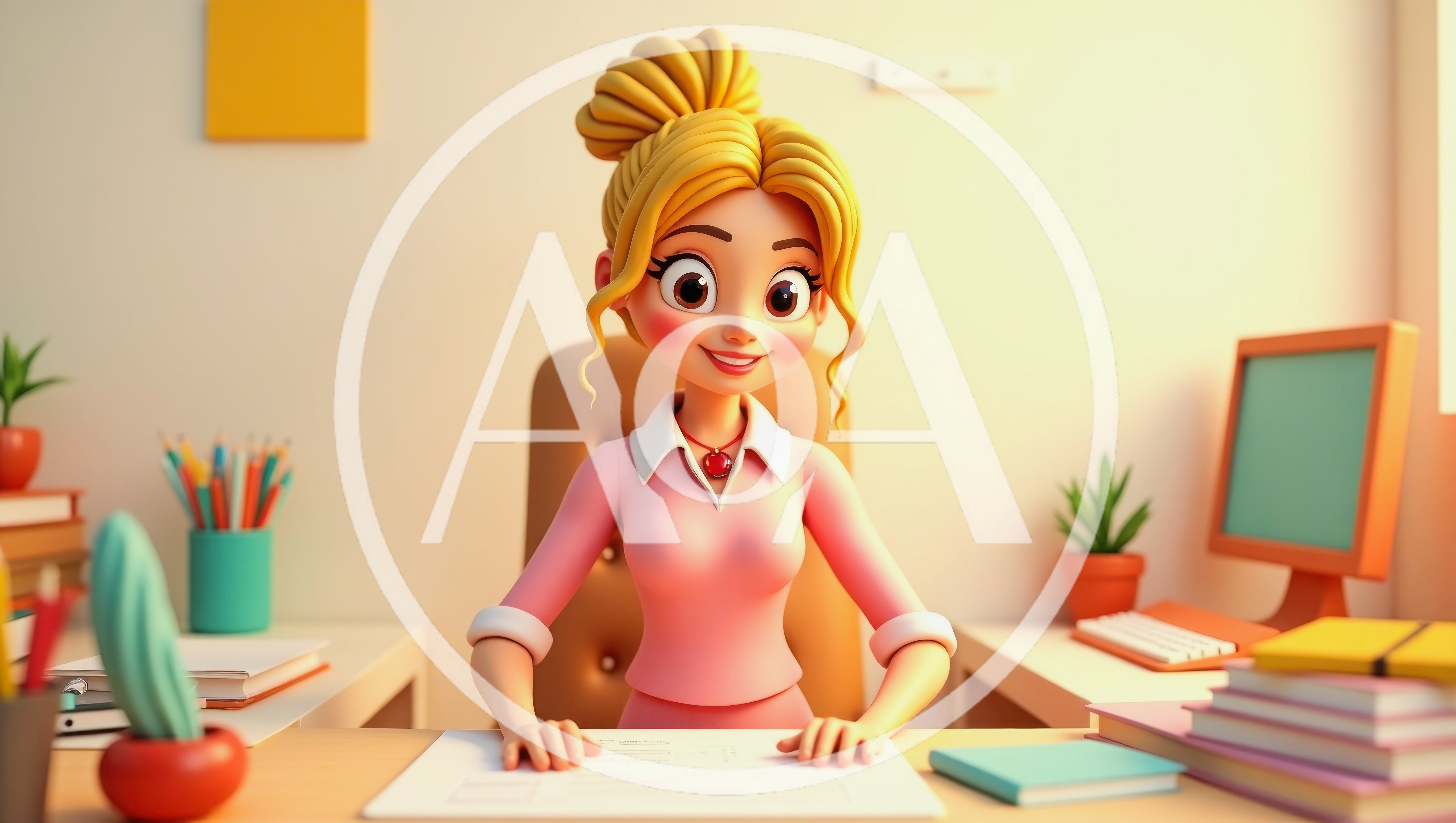 3D Cartoon Businesswoman Working At Office Desk