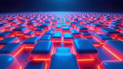 Abstract Neon Blue Cubes With Glowing Red Edges