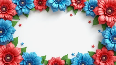 Patriotic Floral Frame With Red And Blue Flowers