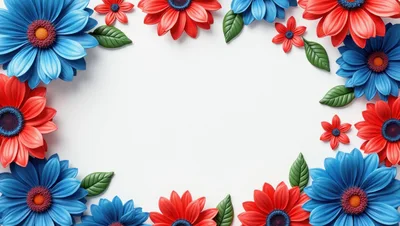 Floral Frame With Red And Blue Daisy Flowers