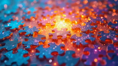 Scattered Jigsaw Puzzle Pieces With Glowing Bokeh Lights