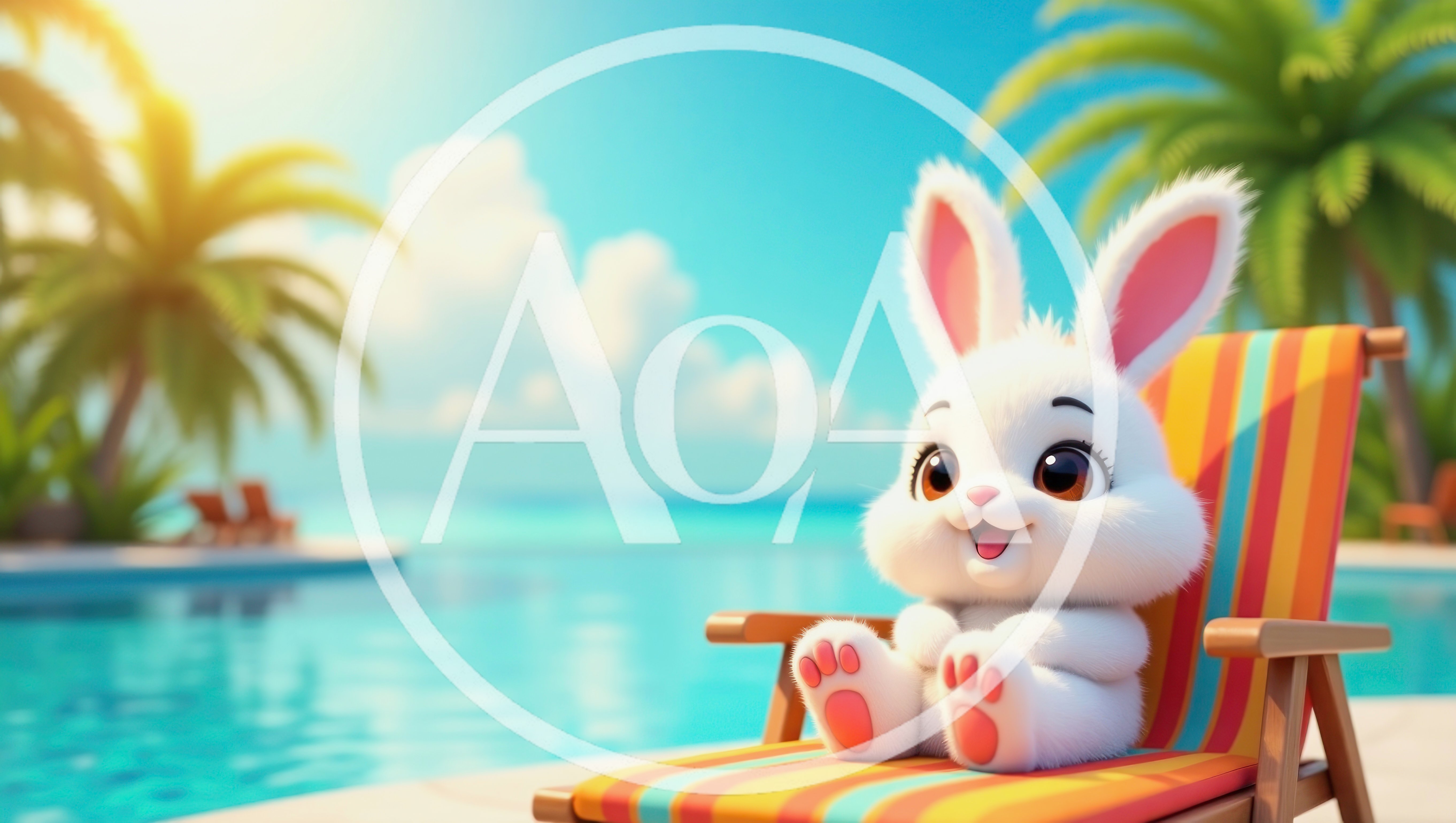 Cute White Bunny Relaxing On A Tropical Poolside Lounge Chair