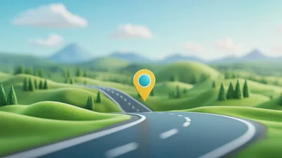 3D Map Pin Floating Above A Winding Country Road