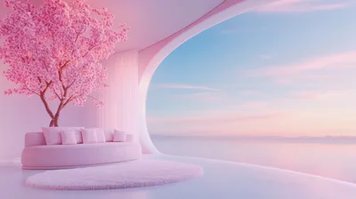 Minimalist Pink Living Room With Cherry Blossom Tree