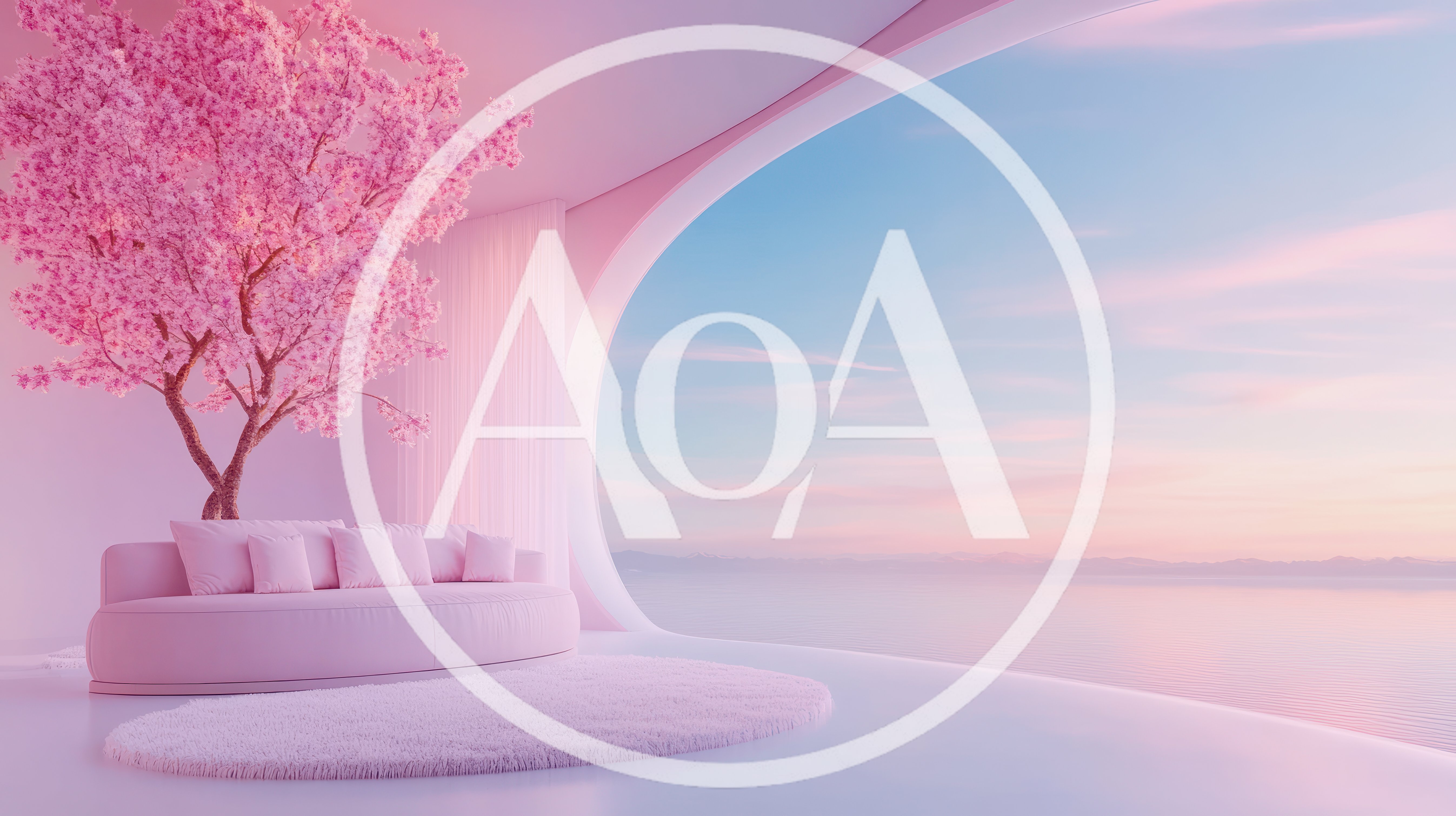 Minimalist Pink Living Room With Cherry Blossom Tree