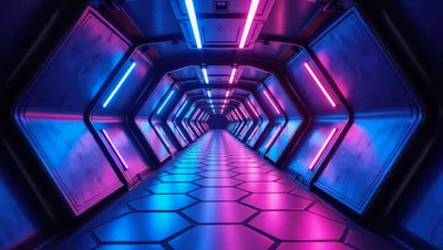 Futuristic Hexagonal Corridor With Neon Blue And Pink Lighting