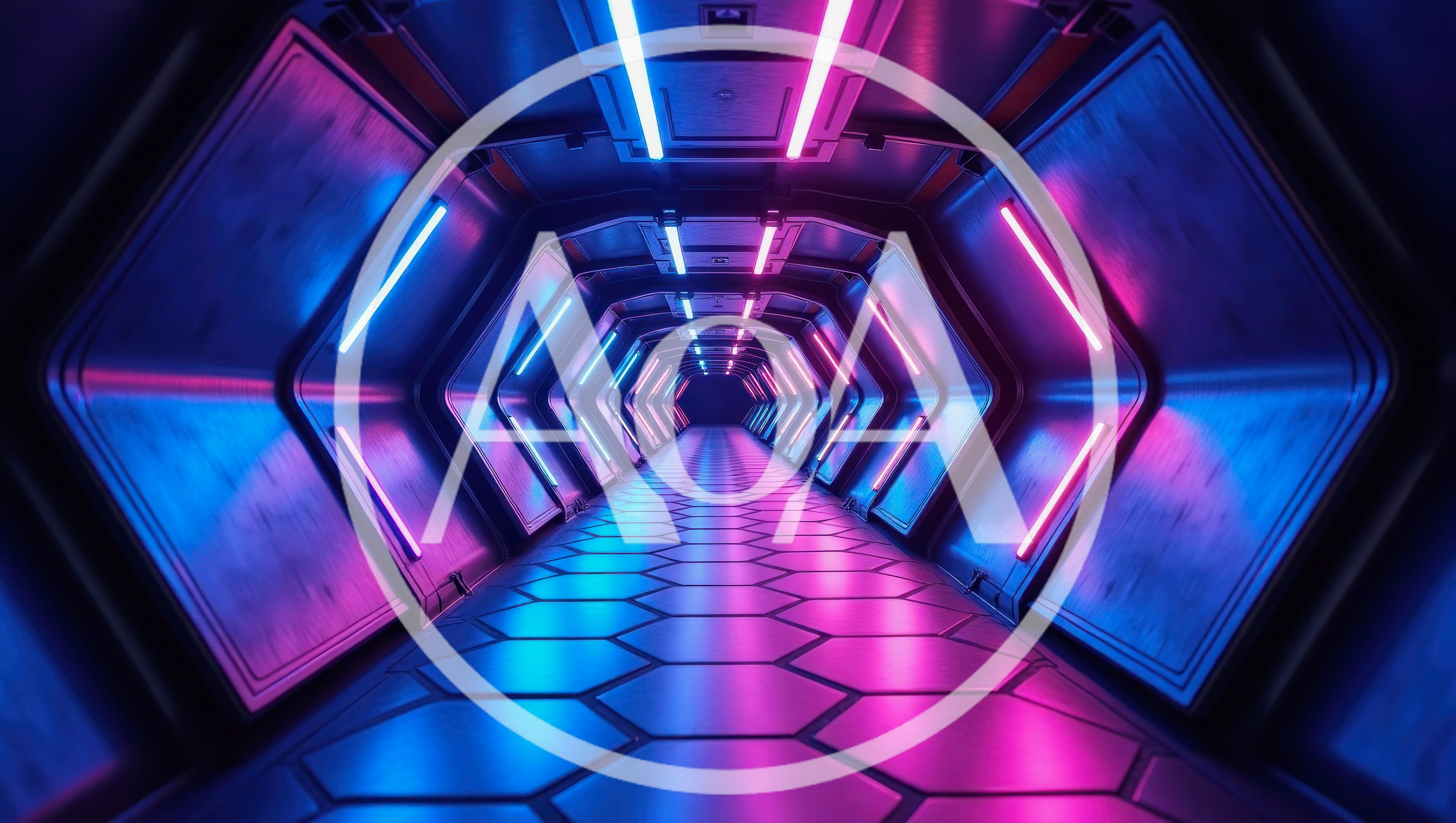 Futuristic Hexagonal Corridor With Neon Blue And Pink Lighting