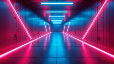 Futuristic Corridor With Neon Pink And Blue Lighting