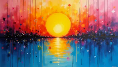 Abstract Sunset Painting With Drip Art Style