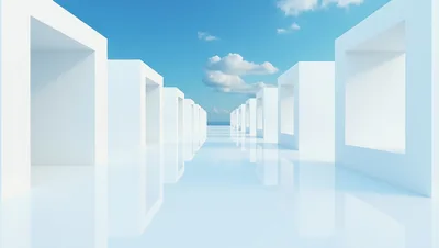 Minimalist White Architectural Corridor With Reflective Floor
