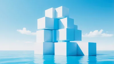 Abstract White Cubes Floating On Calm Blue Ocean