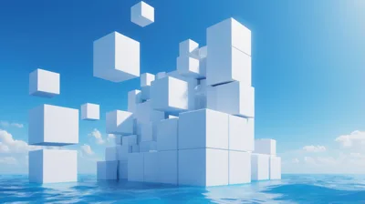Abstract Floating White Cubes Over Ocean Surface