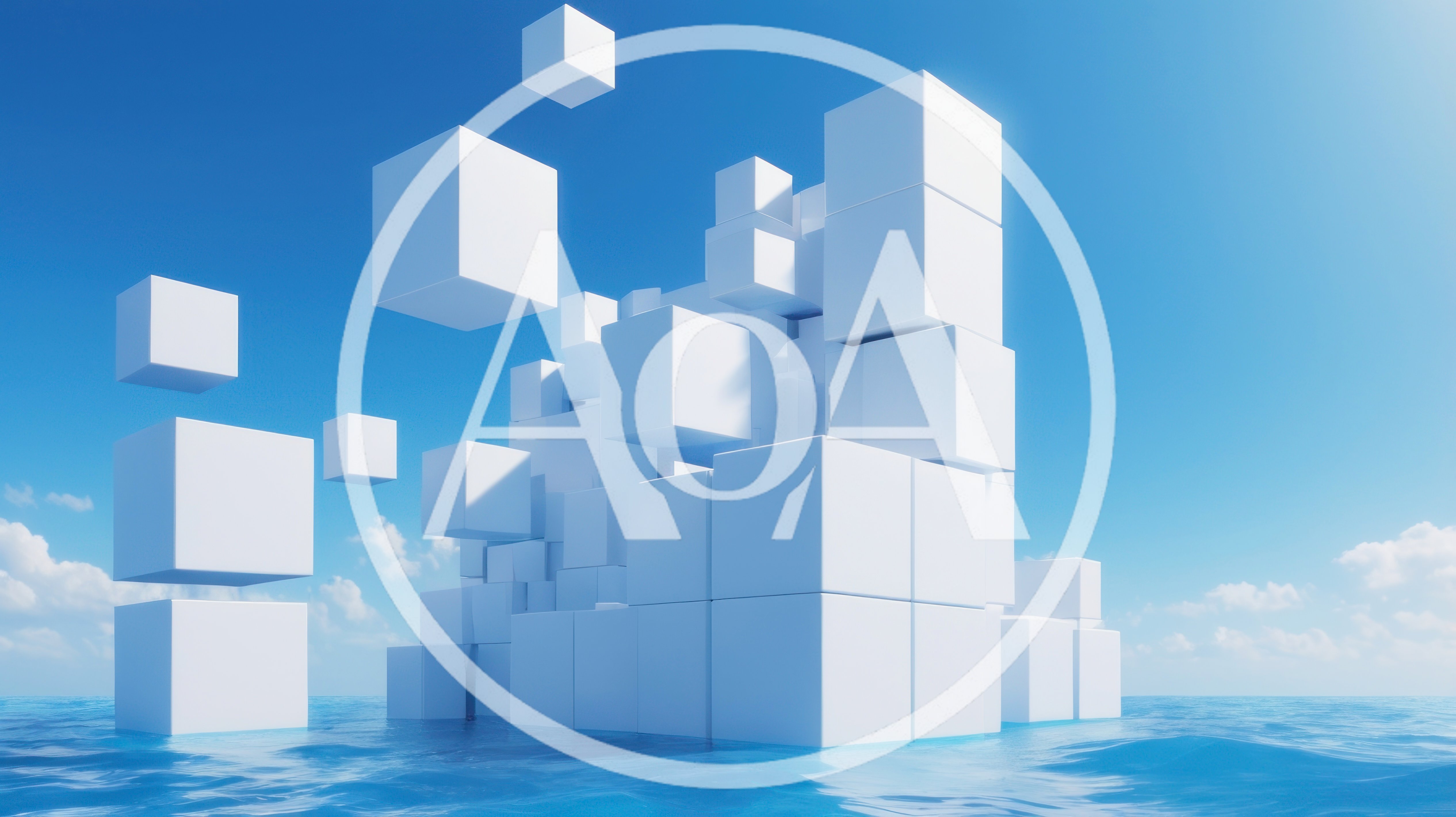 Abstract Floating White Cubes Over Ocean Surface