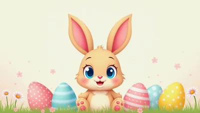 Cute Cartoon Easter Bunny With Colorful Decorated Eggs